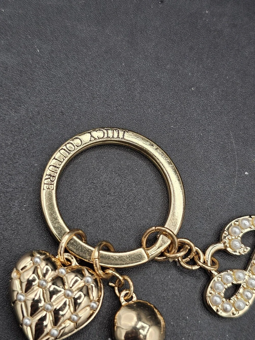 Juicy Couture Pearl Spell Out Gold Keychain Holder Filigree Heart Gem Y2k Style